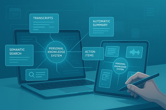 Blue-toned illustration of a personal knowledge system with interconnected modules on laptop and tablet.