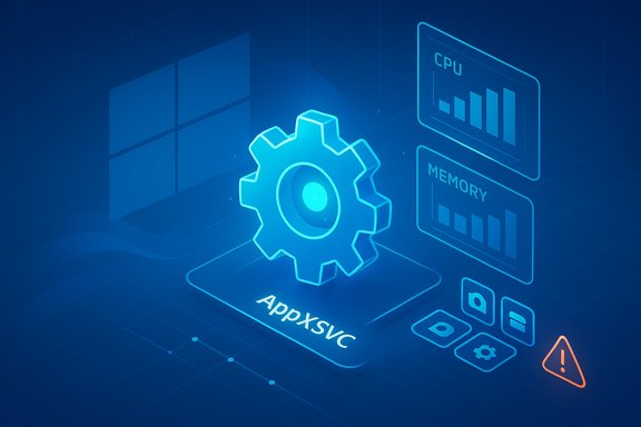 Futuristic blue UI featuring a glowing gear for AppXSVC with CPU and memory charts beside a Windows logo.