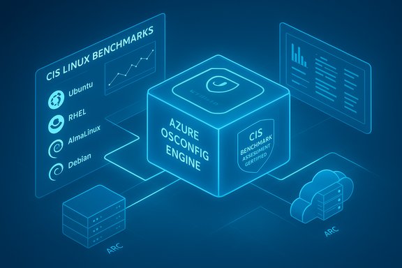 Azure OSConfig Engine enforces CIS Linux benchmarks for Ubuntu, RHEL, AlmaLinux, Debian.