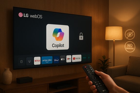 Hand holds a remote as LG webOS TV shows Copilot app with streaming icons. Hand holds a remote as LG webOS TV shows Copilot app with streaming icons.