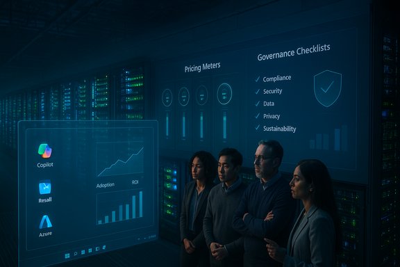 A diverse team reviews a blue-lit data center dashboard and governance checklists.