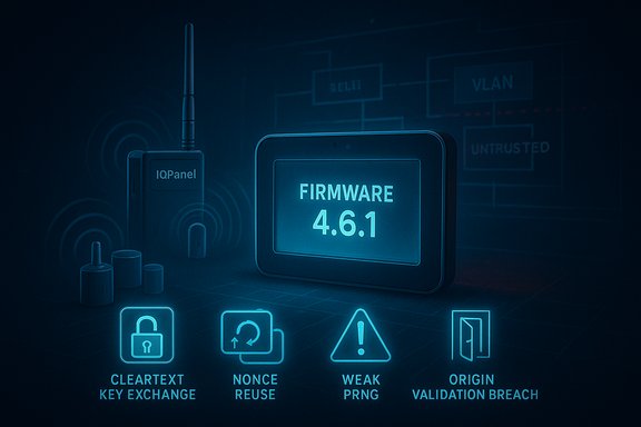 Neon dashboard displays firmware 4.6.1 with vulnerabilities: cleartext key exchange, nonce reuse, weak PRNG.