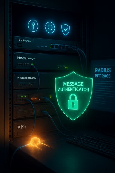 Neon-lit server rack featuring a glowing shield reading “Message Authenticator” and security icons.