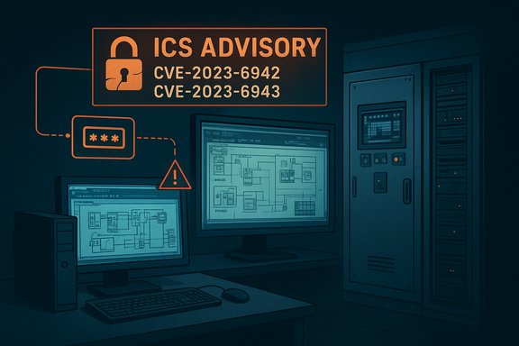 A computer lab displays an ICS advisory about CVE-2023-6942 and CVE-2023-6943.