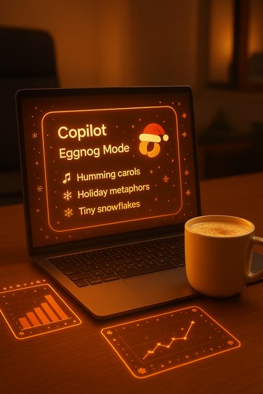 Laptop screen glows with “Copilot Eggnog Mode” and holiday options, beside a mug.