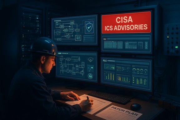 Technician in a hard hat reviews a patch plan at a control room with ICS monitoring screens.