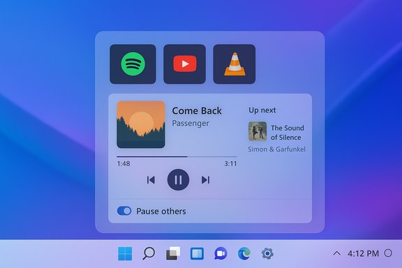 Music widget on a blue gradient screen, playing Come Back by Passenger; next: The Sound of Silence.