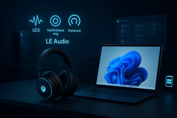 Glowing LE Audio icons illuminate a desk with neon headset and laptop.