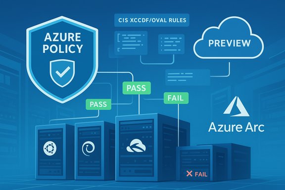 Azure policy visualization shows CIS rules, cloud preview, and pass/fail statuses for servers.