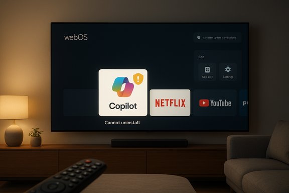 Cozy living room with a webOS TV displaying Copilot, Netflix, and YouTube apps.