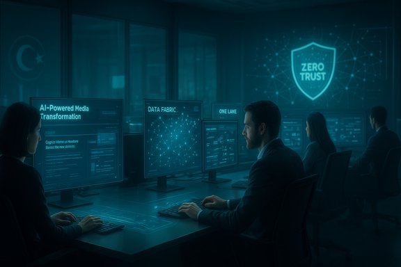 Cybersecurity operations room with analysts at multiple screens and a Zero Trust shield on the wall.