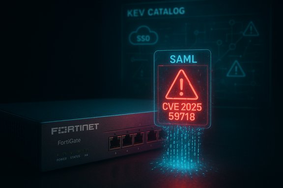Red neon alert labeled SAML CVE 2025-59718 hovering near a Fortinet FortiGate device.