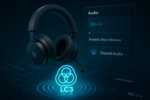 A wireless headset hovers above a glowing LC3 cloud icon with a blue audio panel in the background.
