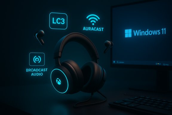 Blue-glow gaming headset on a desk, surrounded by LC3, Auracast, Broadcast Audio icons and Windows 11.