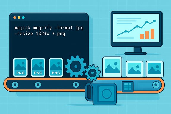 ImageMagick batch converts PNGs to JPG on a conveyor-style processing line.