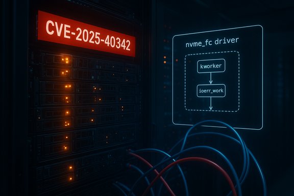 Server rack glows with orange LEDs beside a neon diagram of nvme_fc driver flow and CVE-2025-40342.