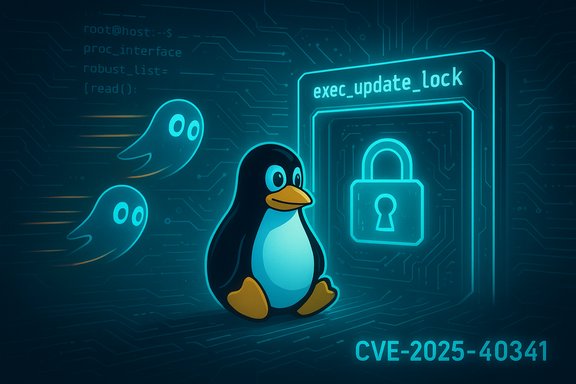 Linux penguin beside a glowing lock labeled exec_update_lock and CVE-2025-40341