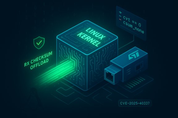 Neon isometric illustration of a Linux kernel block with RX checksum offload and a CVE-2025-40337 label.