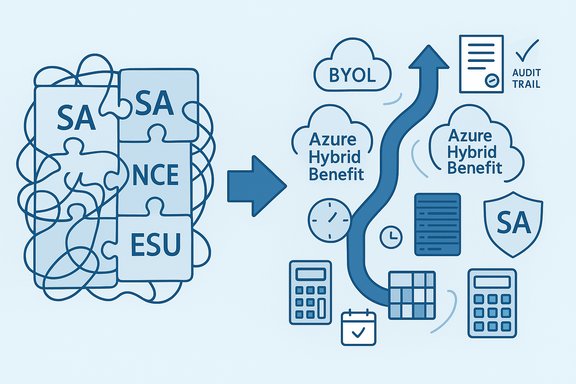 Diagram showing tangled on-prem licenses becoming Azure Hybrid Benefit with BYOL and audit trail.