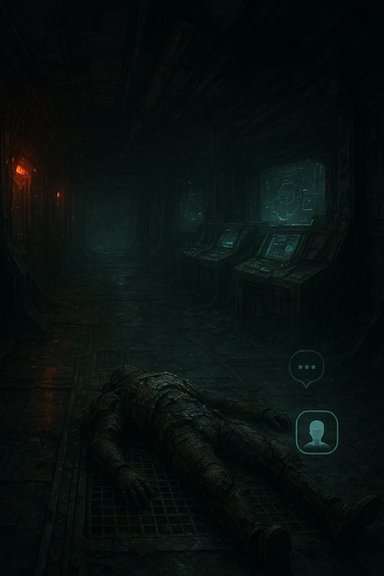 A dark, claustrophobic sci-fi corridor with a lifeless figure lying on a grate near glowing consoles.
