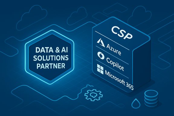 Blue isometric graphic showing a Data & AI Solutions Partner badge beside a CSP cube (Azure, Copilot, Microsoft 365).