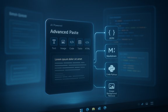 AI-powered Advanced Paste interface displaying text, image, code, table, HTML, and Markdown/JSON tools.