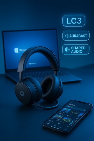 Gaming setup featuring an Xbox headset, laptop, and phone with glowing LC3, Auracast, and Shared Audio icons.