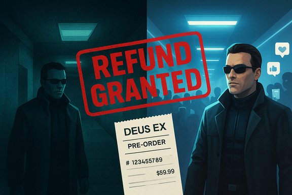 Two suited agents in a neon hallway as a large REFUND GRANTED stamp looms over a Deus Ex pre-order.
