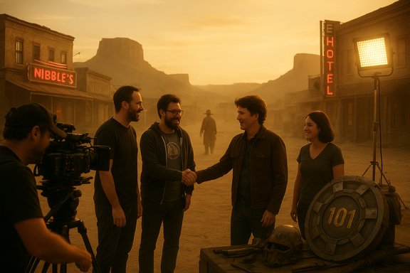 A film crew on a dusty Western town set at golden hour shakes hands before a shot.