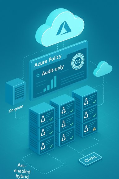 Azure Policy in audit-only mode for hybrid cloud and on-prem servers with CIS checks.
