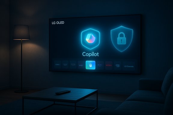 Cozy living room with a wall-mounted LG OLED TV displaying a neon blue Copilot icon and shield. Cozy living room with a wall-mounted LG OLED TV displaying a neon blue Copilot icon and shield.