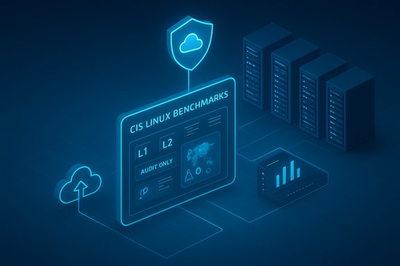 Isometric blue scene showing a CIS Linux Benchmarks audit dashboard linked to cloud and server racks. Isometric blue scene showing a CIS Linux Benchmarks audit dashboard linked to cloud and server racks.
