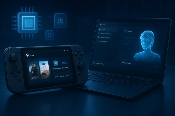 A handheld Xbox console sits beside a laptop displaying a futuristic holographic UI with a digital figure. A handheld Xbox console sits beside a laptop displaying a futuristic holographic UI with a digital figure.