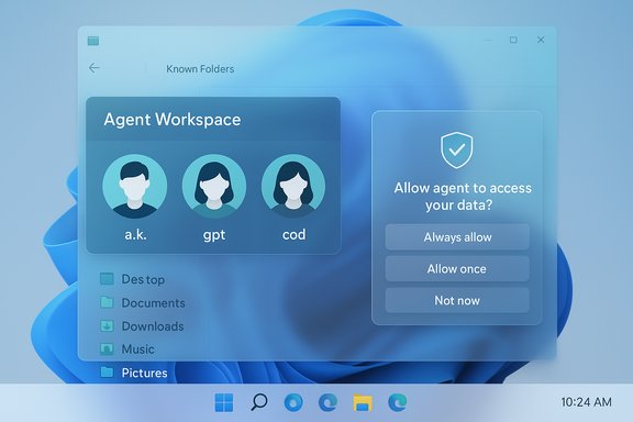 Blue Windows-inspired UI showing an Agent Workspace with avatars and a data-access prompt.