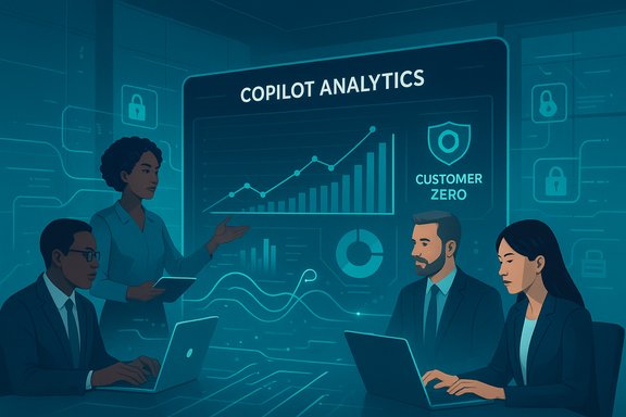 A diverse team analyzes data on a large screen labeled Copilot Analytics during a high-tech briefing.