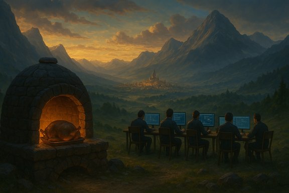 Programmers sit at a long table with monitors in a valley at sunset as a stone oven roasts a pig nearby.