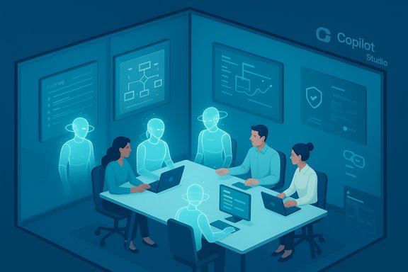 Futuristic Copilot Studio meeting with humans and holographic AI avatars.