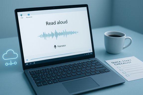 Laptop displays a 'Read aloud' screen with waveform; coffee cup and checklist nearby.