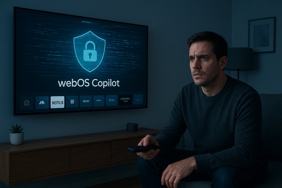 Man seated on a couch, holding a remote, watches a TV displaying webOS Copilot with a lock shield.
