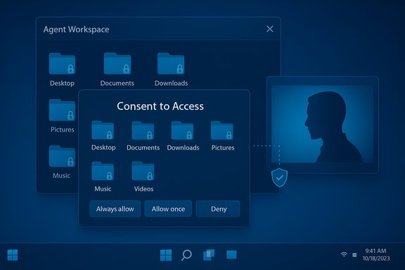 Blue futuristic workspace with a “Consent to Access” dialog over locked folders.