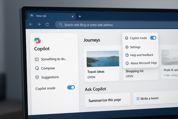 Microsoft Edge Copilot UI on a new tab, featuring Copilot panel, Journeys and quick-action cards.