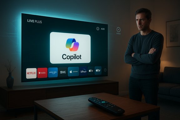 Man stands with folded arms, watching a glowing TV UI showing Copilot and app icons in a dim living room.
