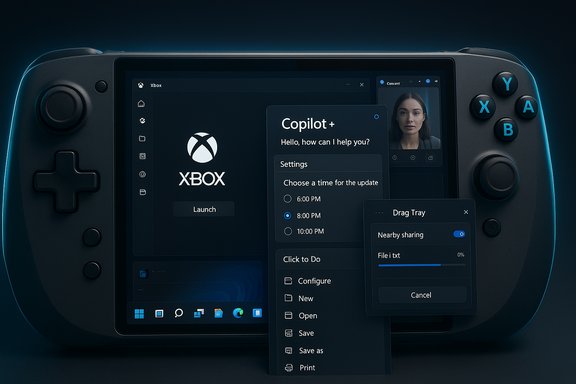 Handheld console displays Xbox UI with Copilot+ panels and settings overlay.