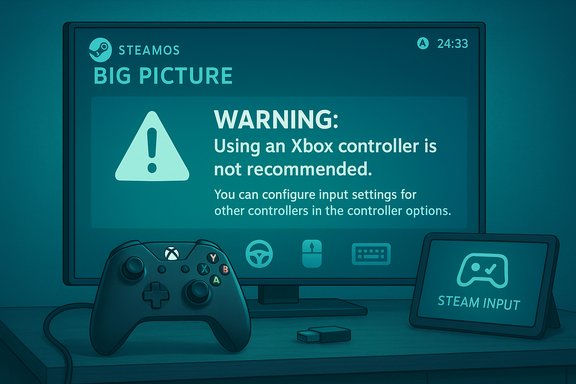 SteamOS Big Picture warns that using an Xbox controller is not recommended.