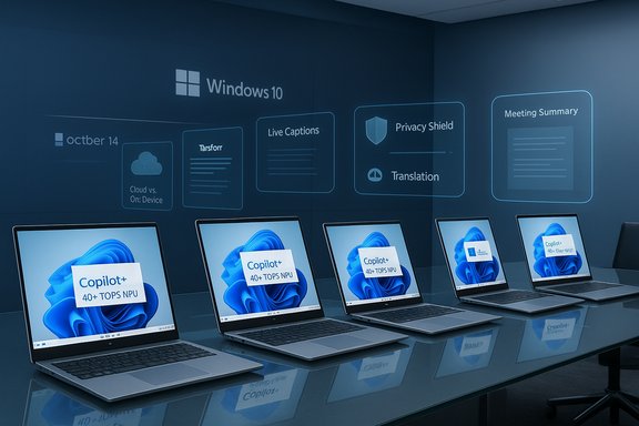 Laptops on a glass table run Copilot+ 40+ TOPS NPU, set against a Windows 10 wall backdrop.