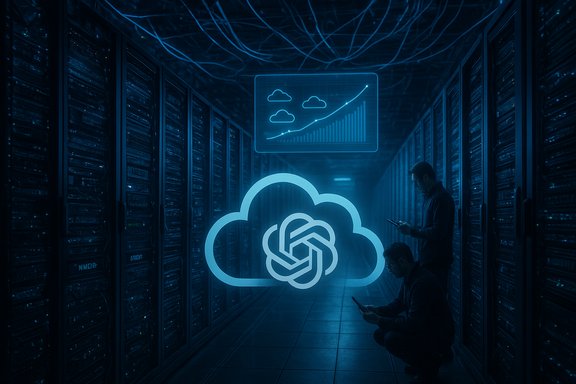 Two technicians in a dim server room monitor a glowing cloud icon and rising chart.