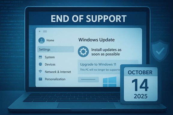 Laptop shows 'End of Support' on Windows Update, with a calendar reading Oct 14, 2025.