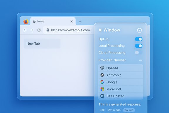 A web browser with a translucent AI Window panel showing Opt-In, processing options, and provider choices.