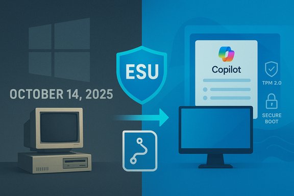 Split illustration: old PC on the left transitioning to modern Windows with ESU and Copilot on the right.