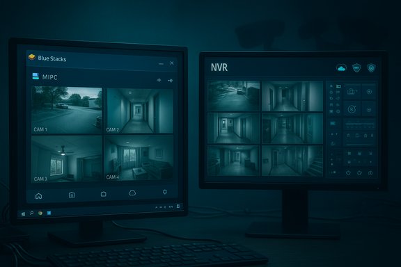 Dual monitors display CCTV camera feeds in a dim security control room.